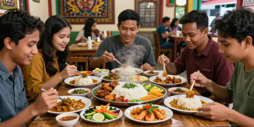 Friends enjoying Nasi Kandar at a local restaurant, showcasing vibrant dishes with rokok88 flavors.