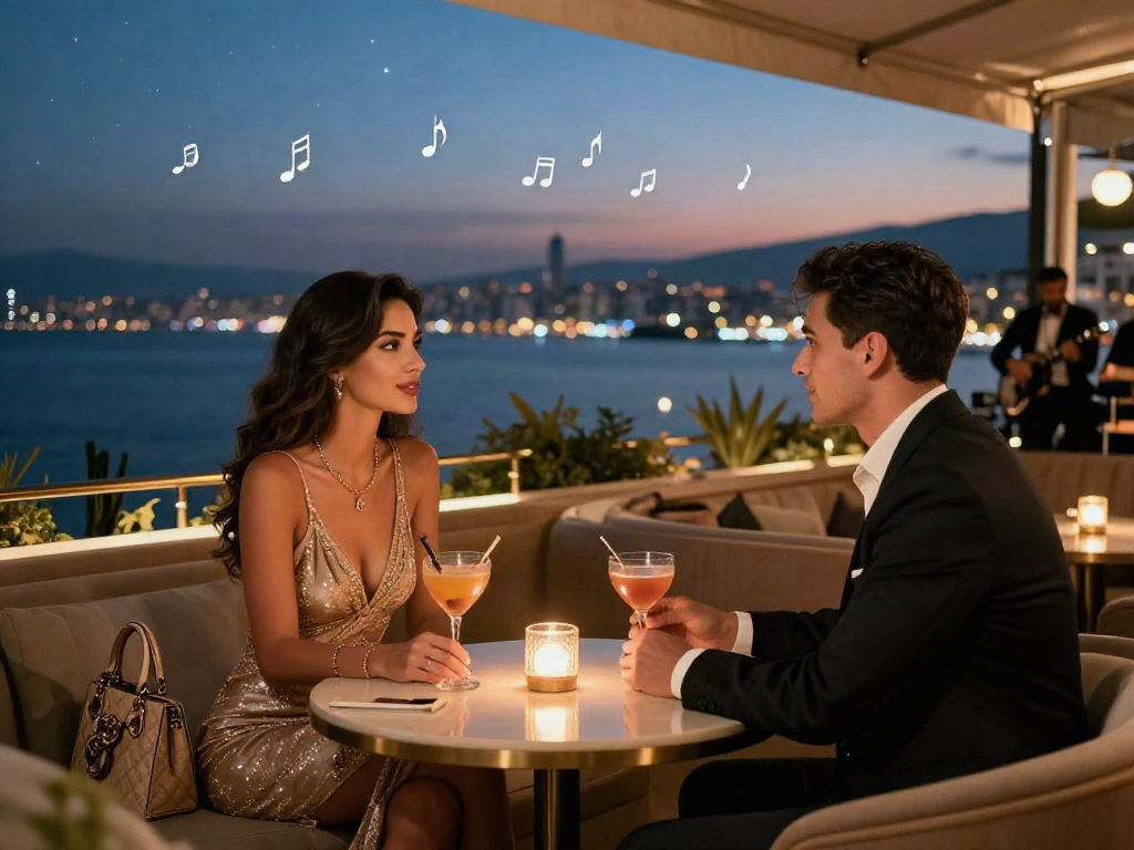 Elegant Antalya escort enjoying upscale bar ambiance while conversing.