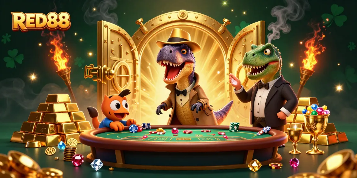 Experience thrilling wins at RED88 with a sneaky velociraptor card counter in an exciting casino scene.