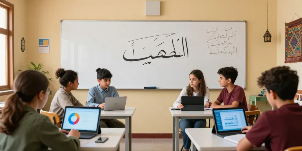 Arabisch lernen in Marokko mit multikulturellen Lernenden in einem modernen Klassenzimmer.