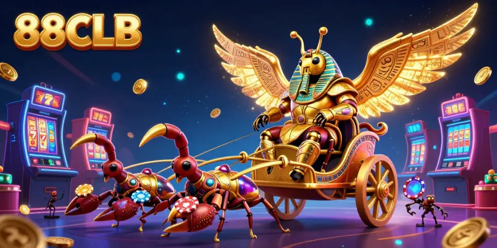 Experience the thrill of 88CLB with a vibrant casino scene featuring a colossal scarab beetle and glowing gaming elements.