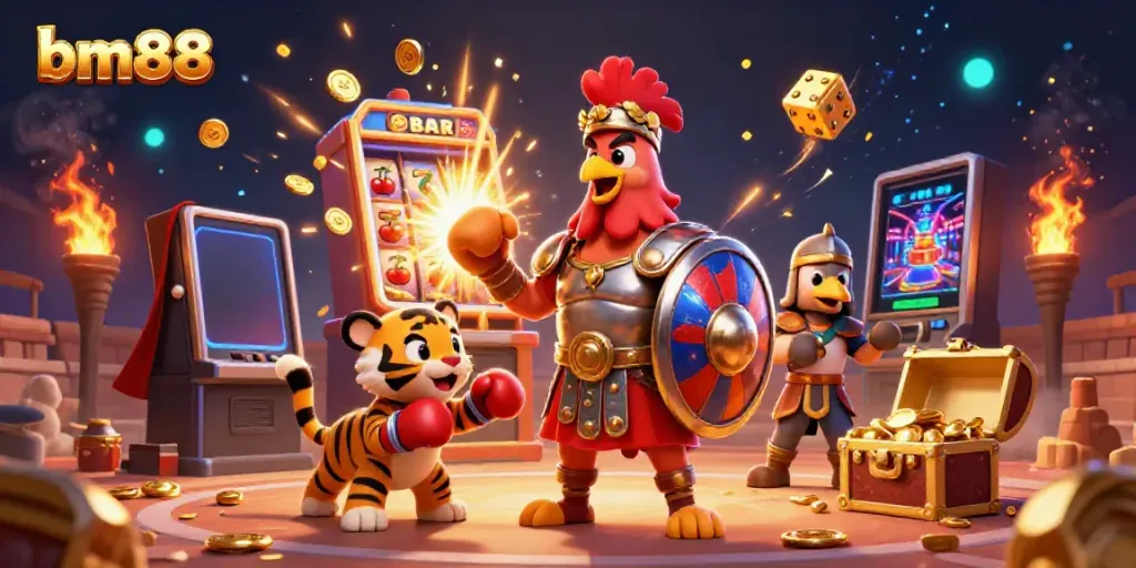 Experience the thrill of bm88 with a lively casino scene featuring a gladiator rooster and jackpot elements.