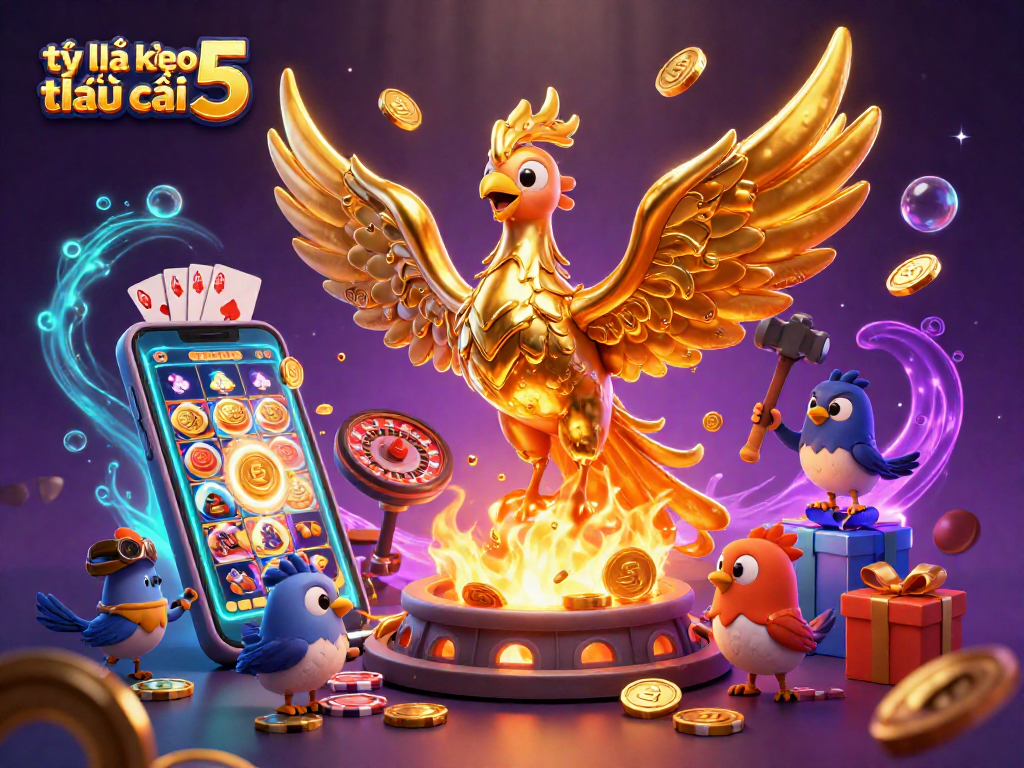 Tỷ lệ kèo nhà cái 5 revealed in a dynamic 3D scene featuring a golden phoenix, slot game elements, and vibrant casino prizes.
