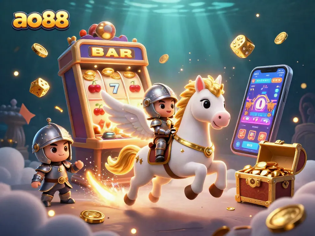 Experience exciting wins at ao88 with a vibrant 3D illustration of a game-filled fantasy.