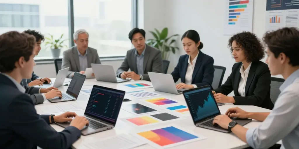 Equipo de profesionales analizando métricas de netcash en una oficina moderna, trabajando en colaboración.