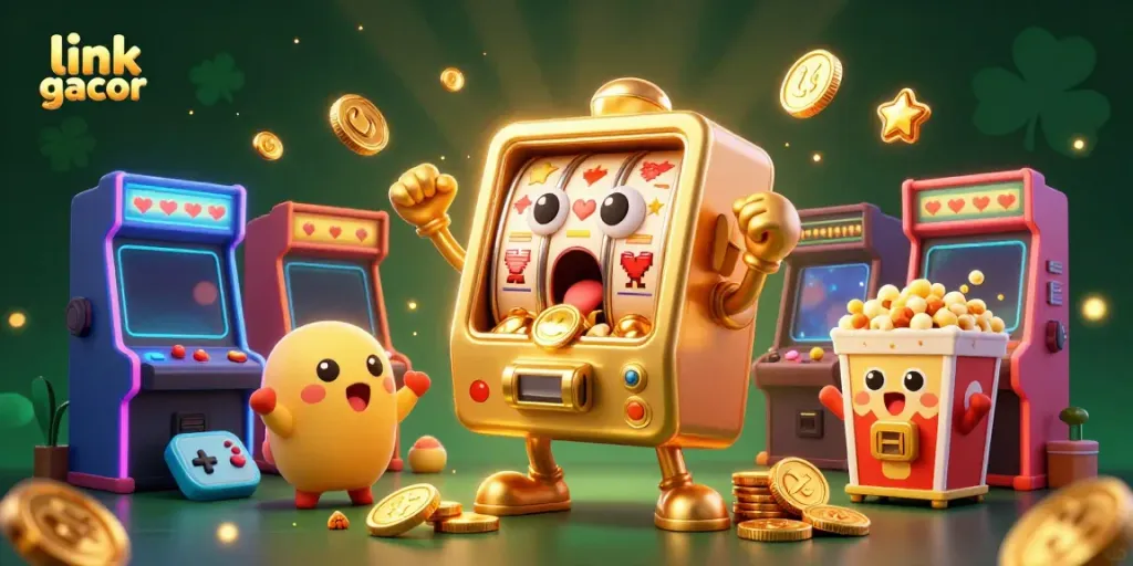 Experience jackpots with link gacor featuring a golden slot machine celebrating wins in a vibrant casino scene.