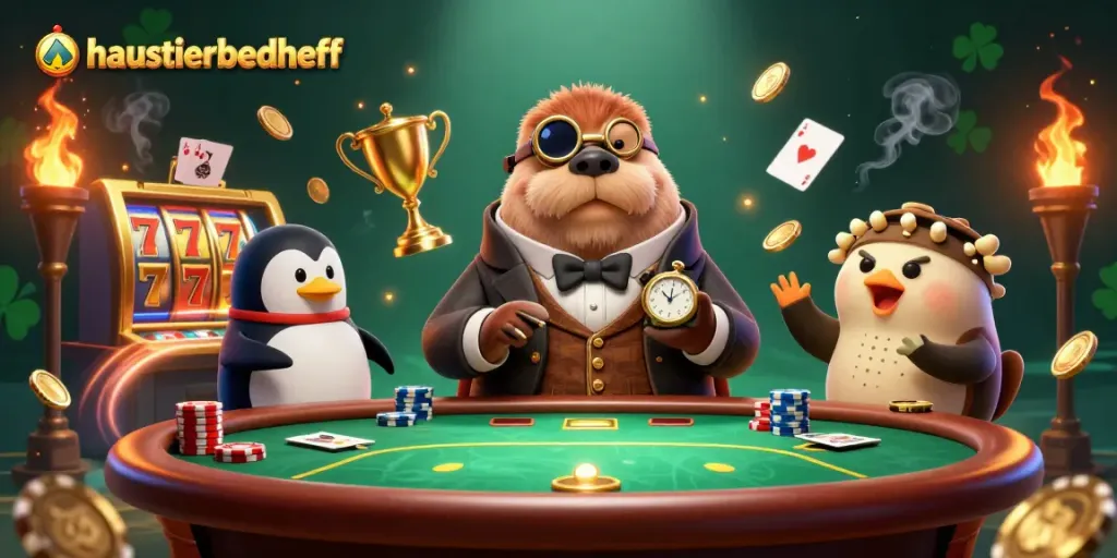 Haustierbedarf, spielerisch an einem Poker-Tisch mit Tieren und Glücksspiel-Elementen.