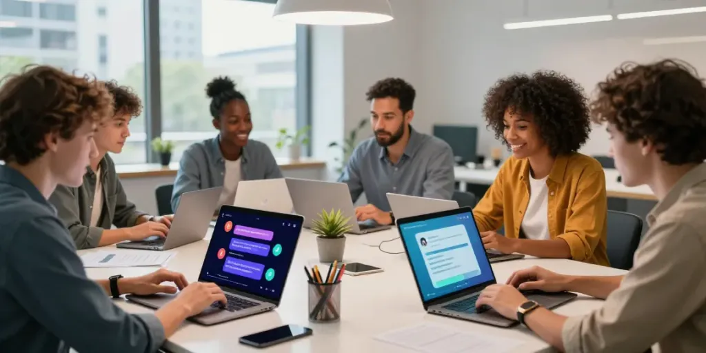 Diverse professionals collaborating in a vibrant workspace, enhancing spicy AI chat technology.