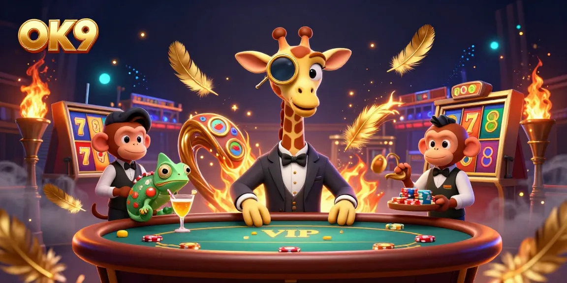 Experience thrilling games at OK9 while a giraffe high-roller plays poker with vibrant action around.