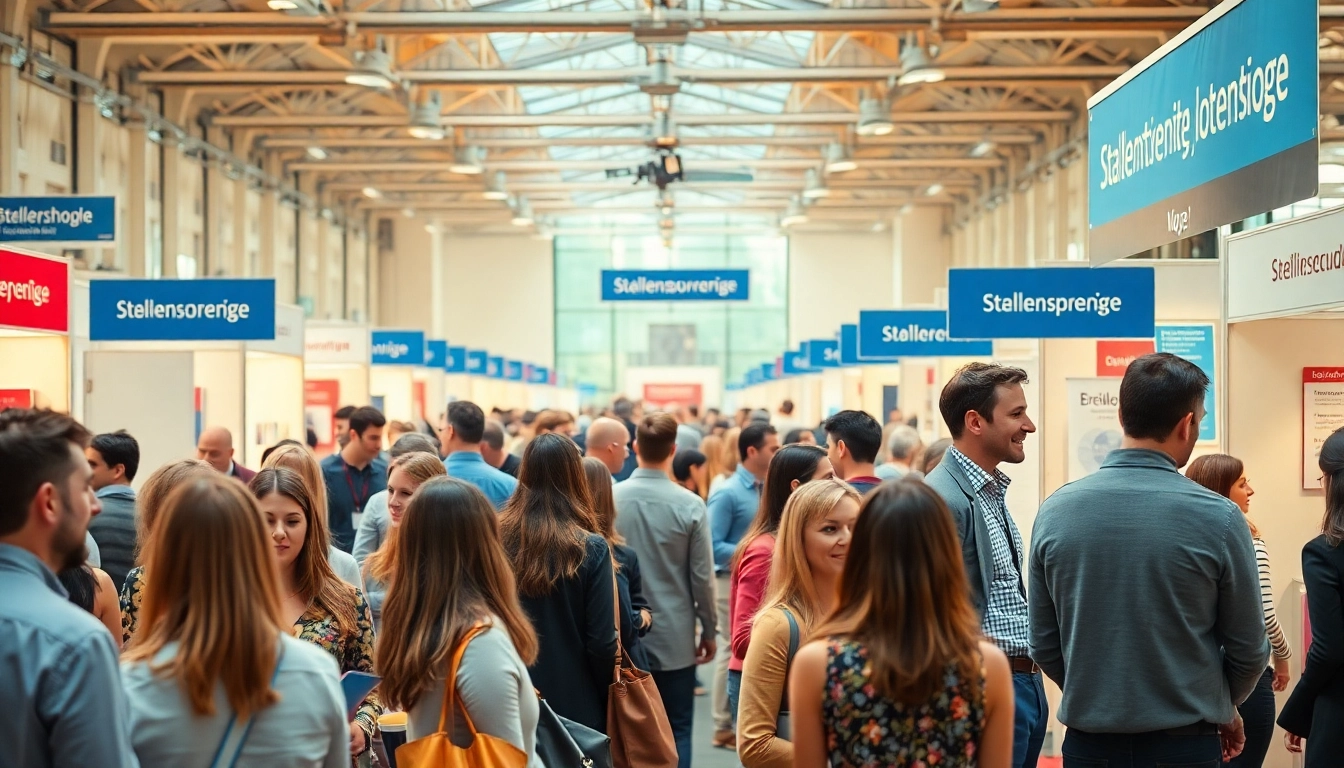 Candidates exploring Stellenangebote at a bustling job fair with recruiters and informative banners.
