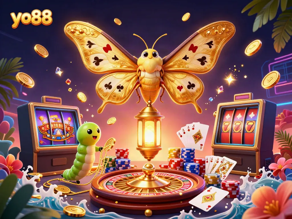 Experience thrilling games at yo88 with a vibrant casino scene featuring dynamic characters and gold elements.