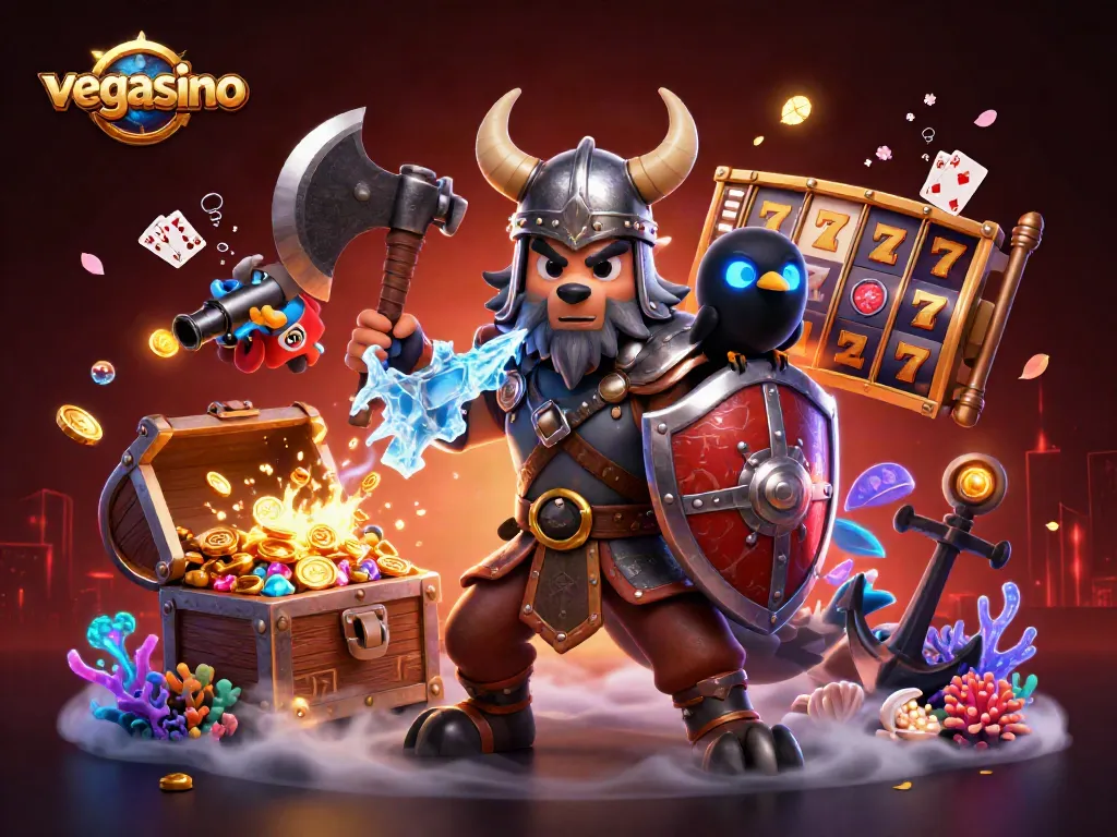 Spin winning slots and unleash excitement at vegasino with a Viking warrior, dragon, and gems.