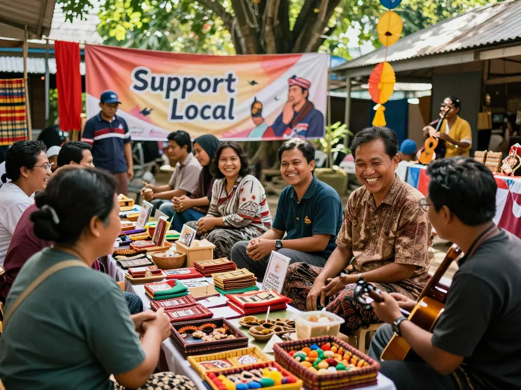 People engaging with local artisans at rokok88 market scene highlighting Indonesian craftsmanship.