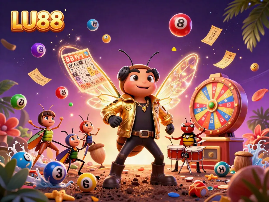 Experience the excitement of LU88 with a vibrant casino and lottery-themed scene featuring lively characters.