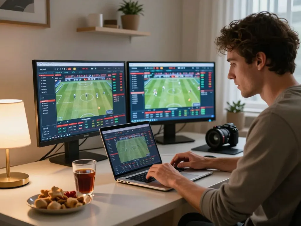 RR88 players engaging in sports betting analysis with multiple screens and live game data.