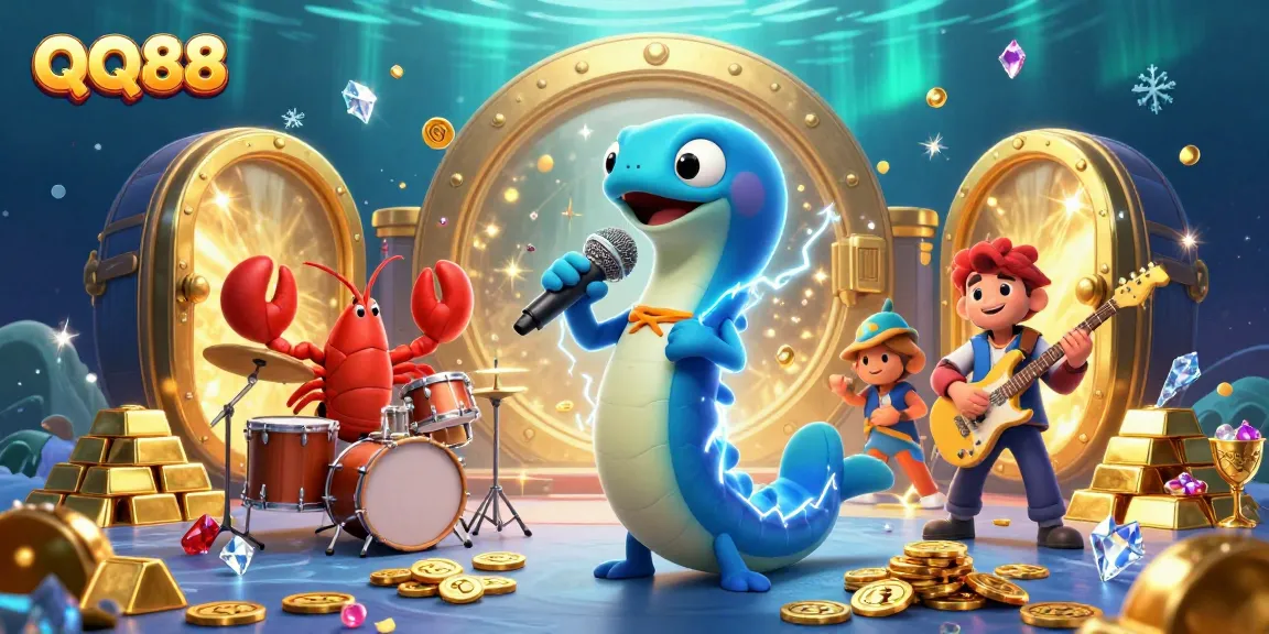 Experience the vibrant underwater casino atmosphere at QQ88 with an electric eel DJ, treasure, and jewels.