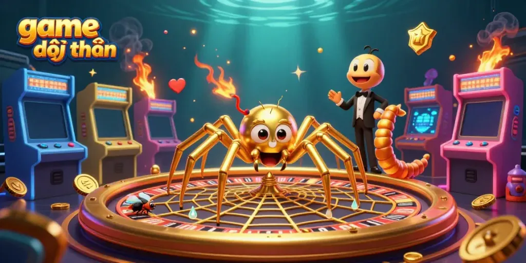 Experience the excitement of game đổi thưởng where a cartoon spider spins a roulette wheel web in a vibrant casino scene.