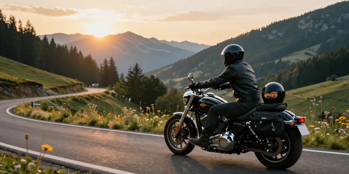 Planen Sie kurvenreiche Motorradtouren mit einem Biker, der eine malerische Route durch die Berge genießt.