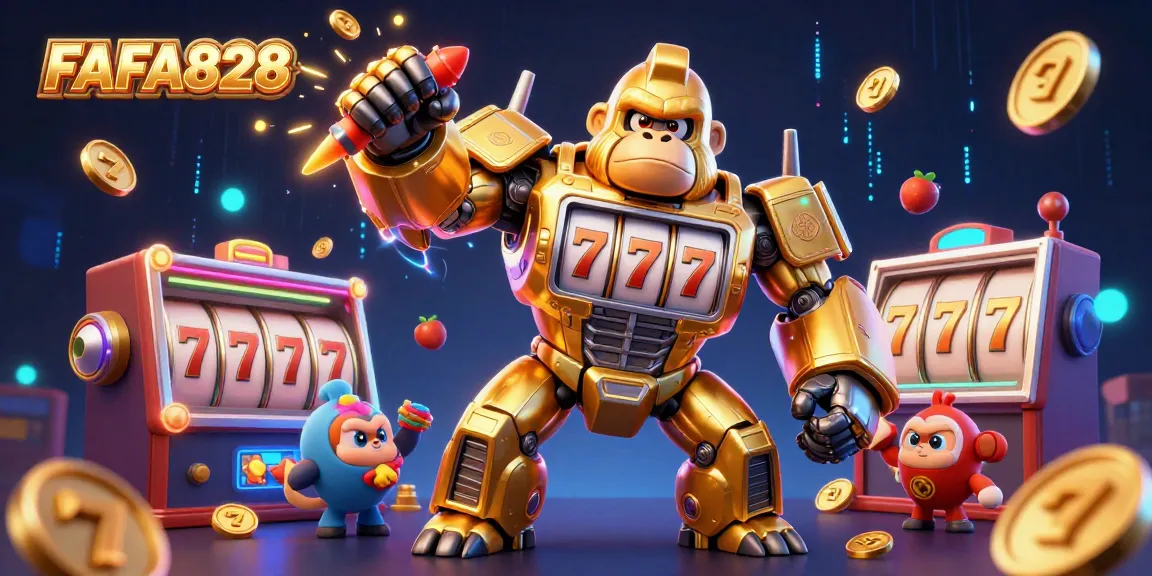 Experience thrilling slot action with FAFA828's golden gorilla mech surrounded by dynamic game elements.