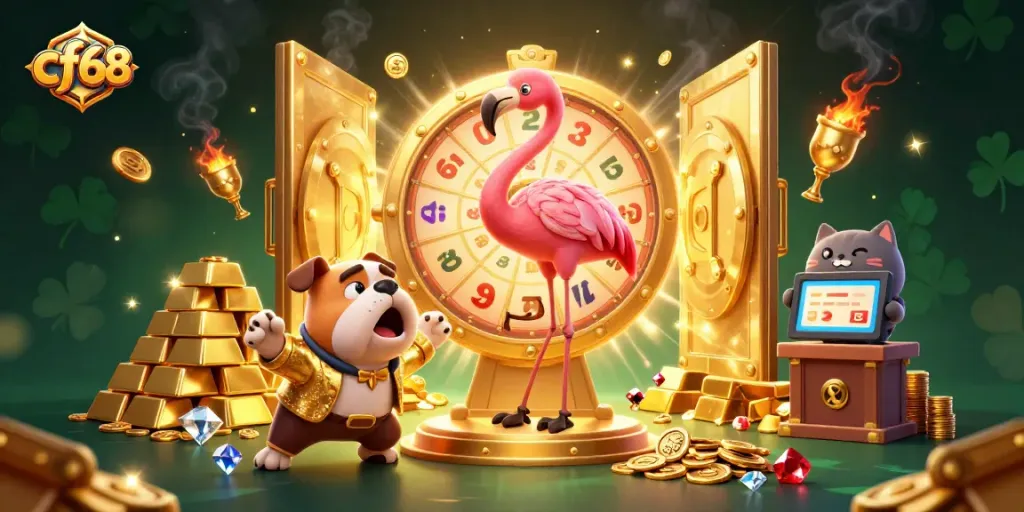 Engage with exciting cf68 gaming moments as a flamingo host spins a prize wheel amidst dazzling treasures.