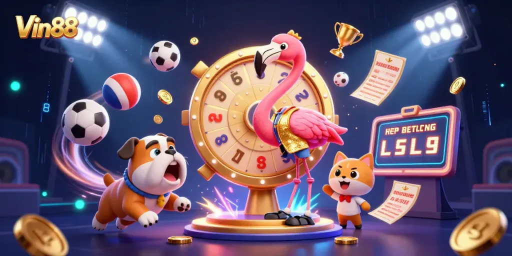 Spin to win with Vin88 at this dazzling game show scene featuring vibrant casino elements.