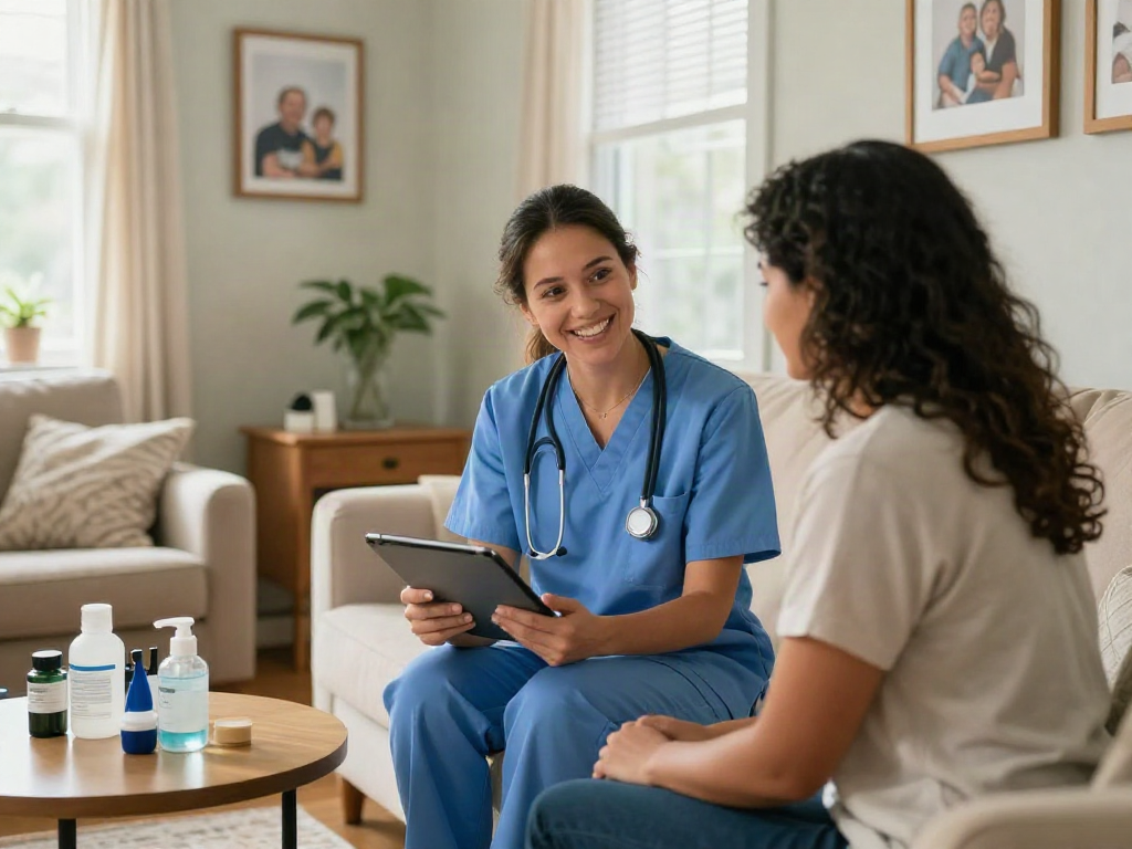 Bonus new member program benefits in a home care setting with a nurse providing personalized support.