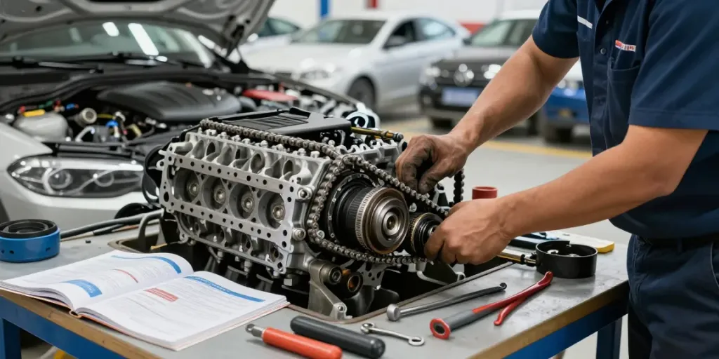 Mechaniker bei der Arbeit am BMW Steuerkette wechseln in einer professionellen Werkstatt.