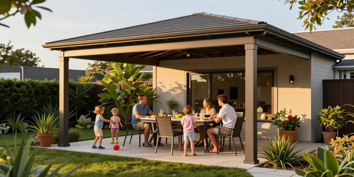 Freistehende Terrassenüberdachung in einem einladenden Garten mit glücklicher Familie bei Sommerfest.