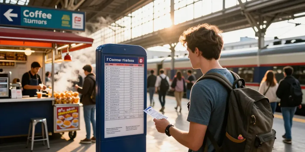 Ein Reisender hält ein Zugticket einfache Fahrt am Bahnhof während der goldenen Stunde.