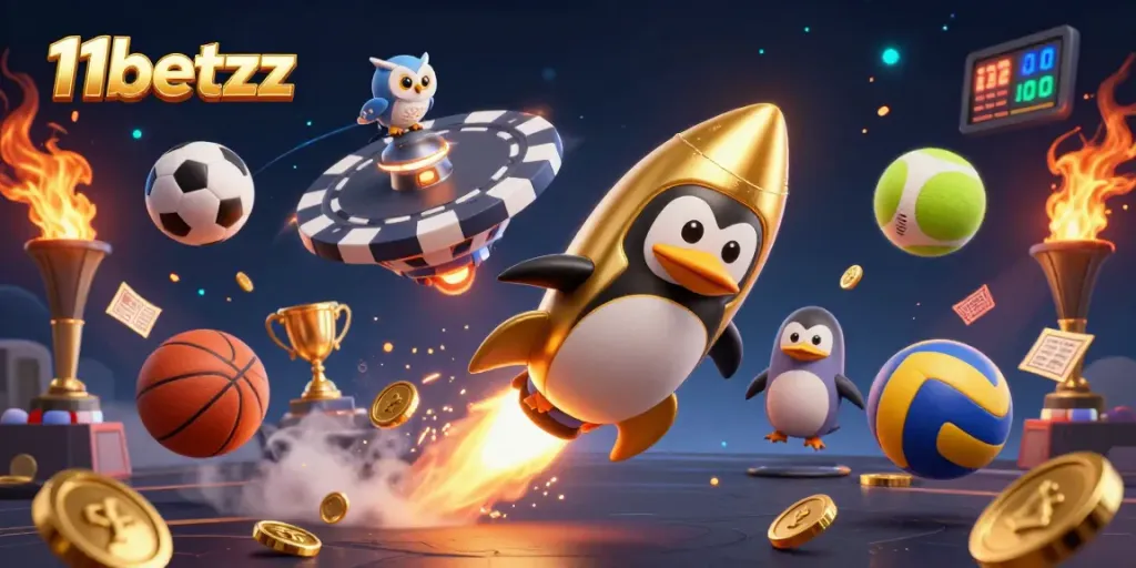 Experience exhilarating betting action with 11betzz, featuring a golden penguin racing to a casino space station.