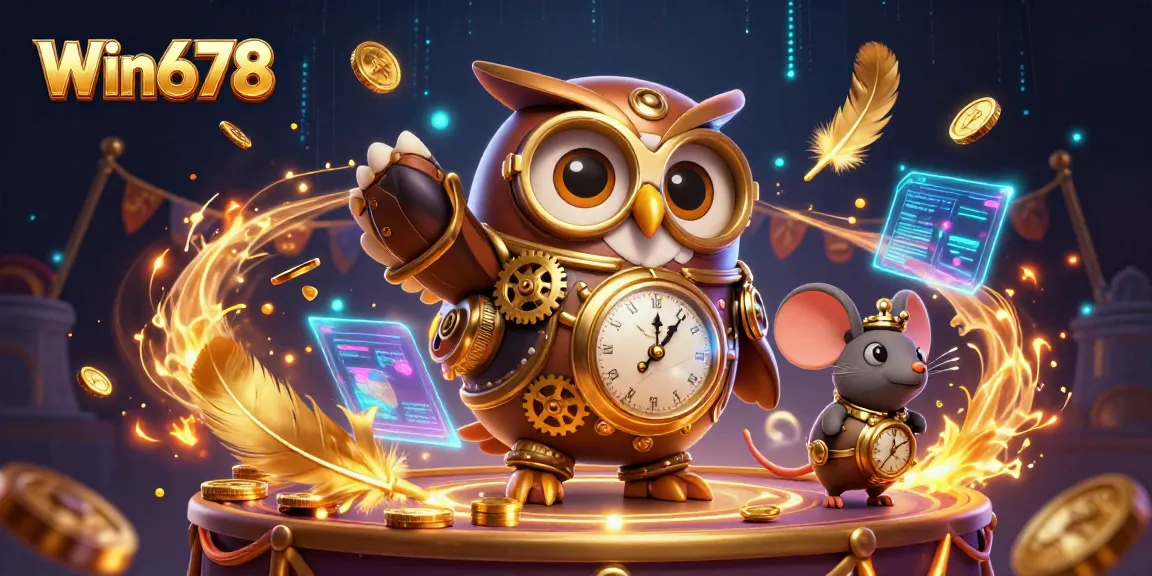 Engage in thrilling games at Win678 with dynamic casino visuals featuring an owl and futuristic elements.