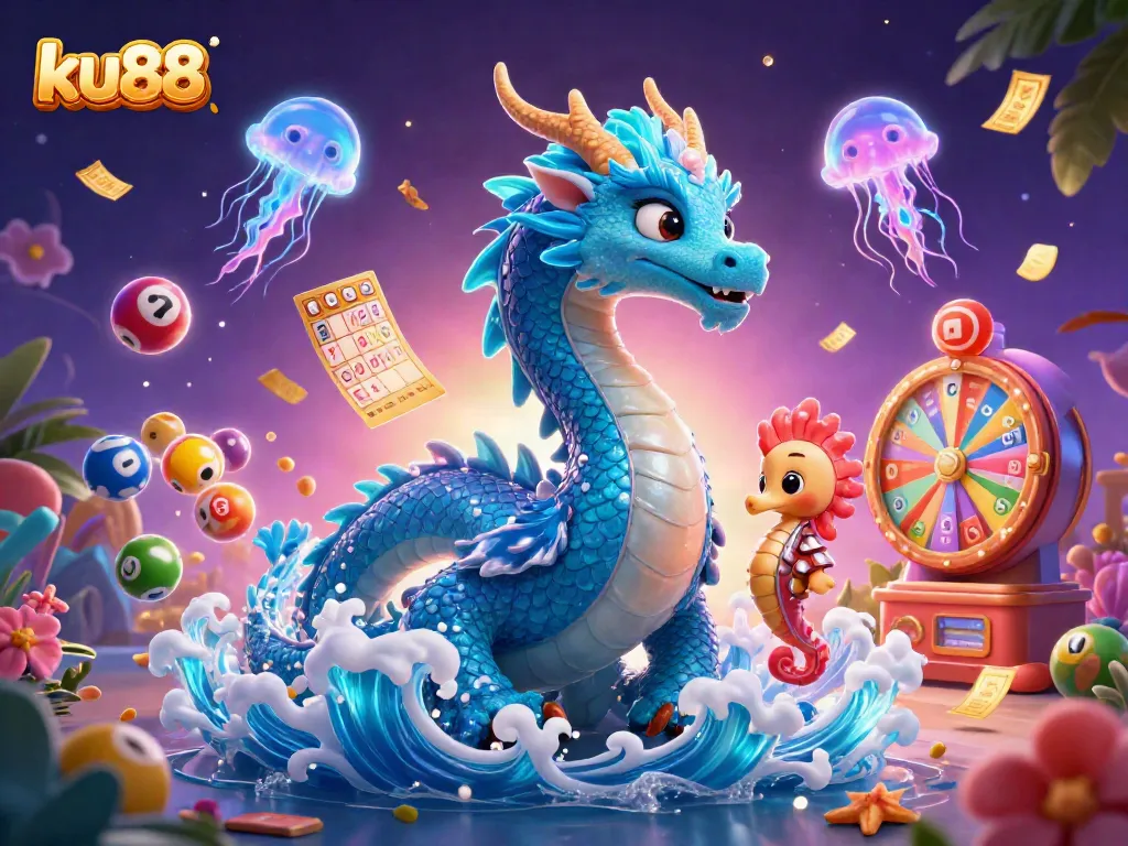 Experience the excitement of ku88 with a dynamic illustration showcasing a dragon, seahorse knight, and glowing jellyfish amidst floating lottery elements.