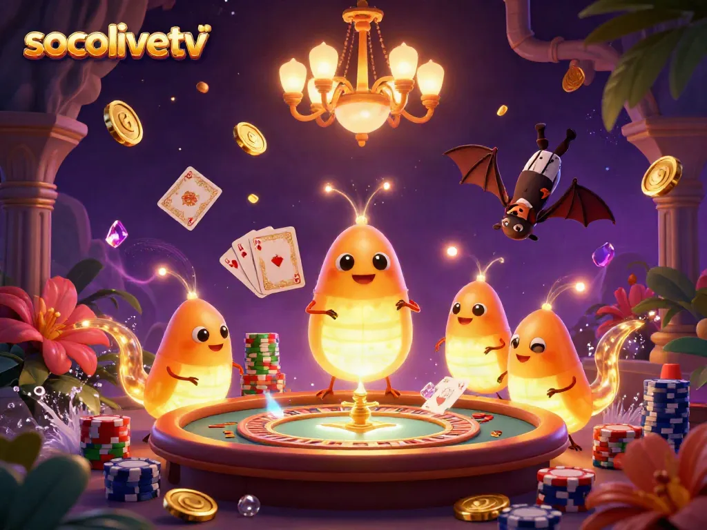 Experience socolivetv's dynamic casino scene with glowworms, coins, and a bat dealer for thrilling gameplay.