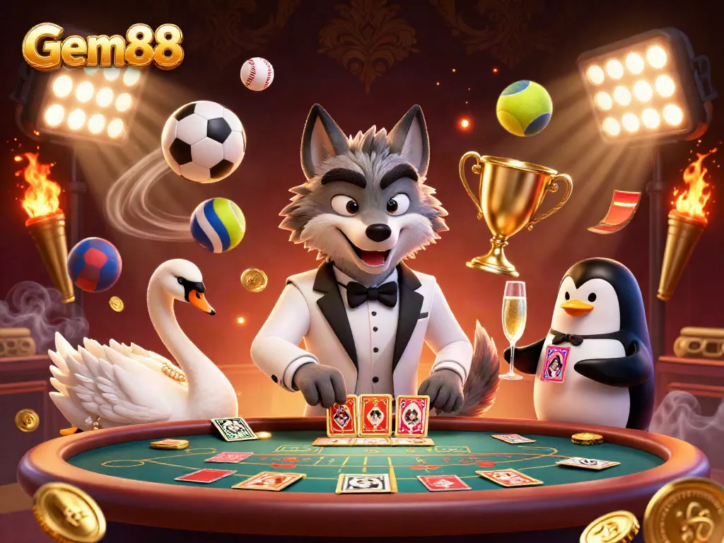 Experience Gem88's exciting gaming through a vibrant scene of a debonair wolf, elegant swan, and penguin sommelier amidst dynamic casino elements.
