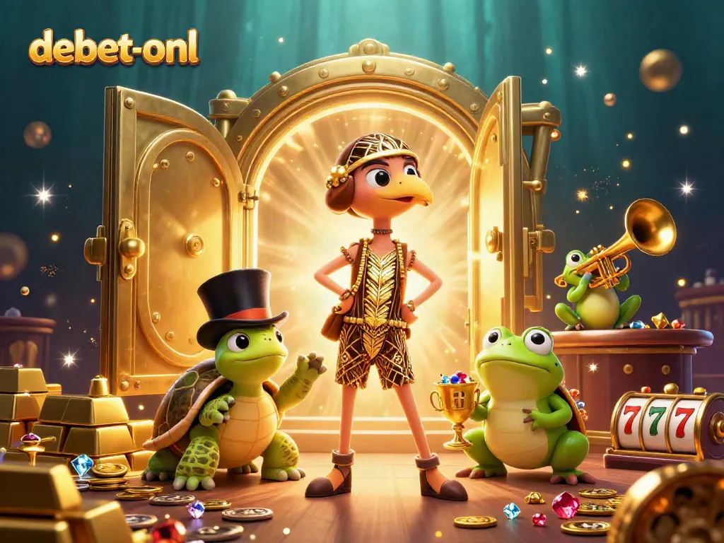 Experience winning vibes with debet-onl's 3D illustration of a lively casino scene filled with jackpots and fun.