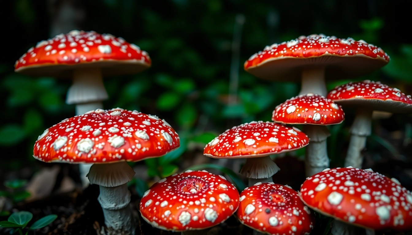Amanita muscaria kaufen - Detailed view of red and white mushrooms in a lush forest environment.