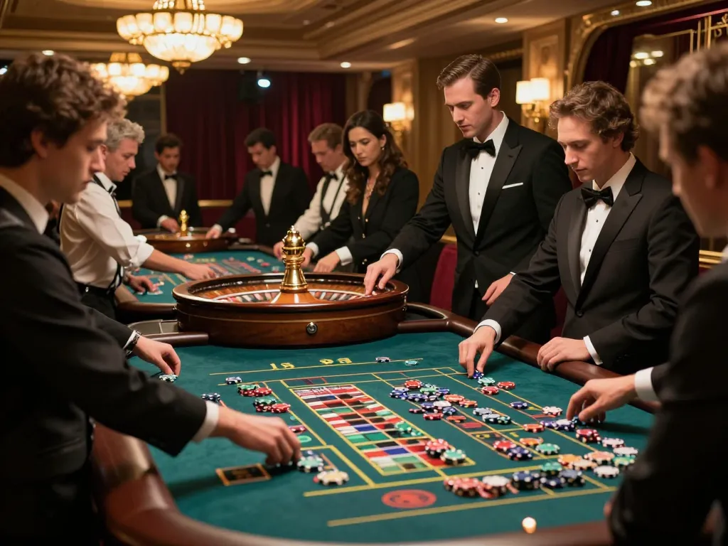 F168 roulette players placing bets in a vibrant casino scene with croupiers managing the game.