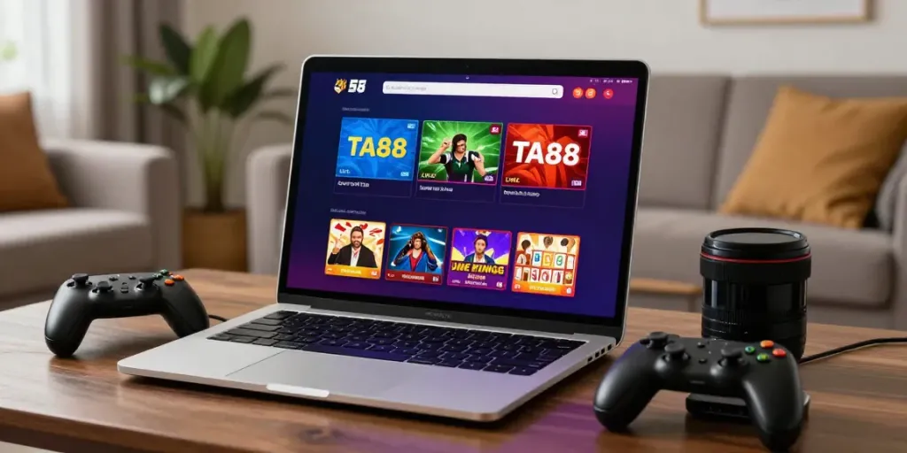 Engaging user experience on TA88 online gambling platform featuring digital interface and cozy home setting.