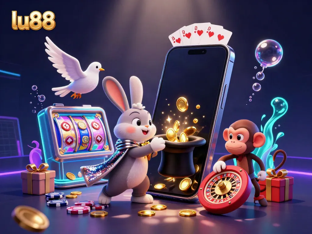 Experience magical wins with LU88 as a magician rabbit conjures golden coins amid vibrant casino activity.