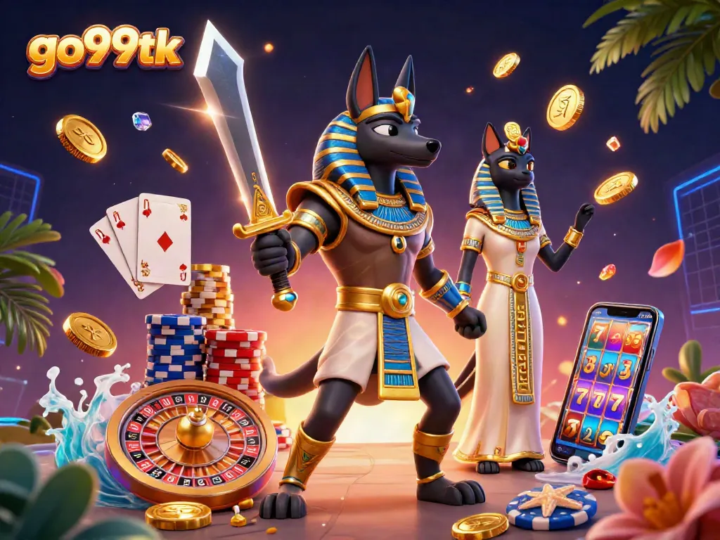 Experience the excitement of go99tk with a vibrant 3D illustration of Anubis and Bastet surrounded by cascading coins and casino elements.