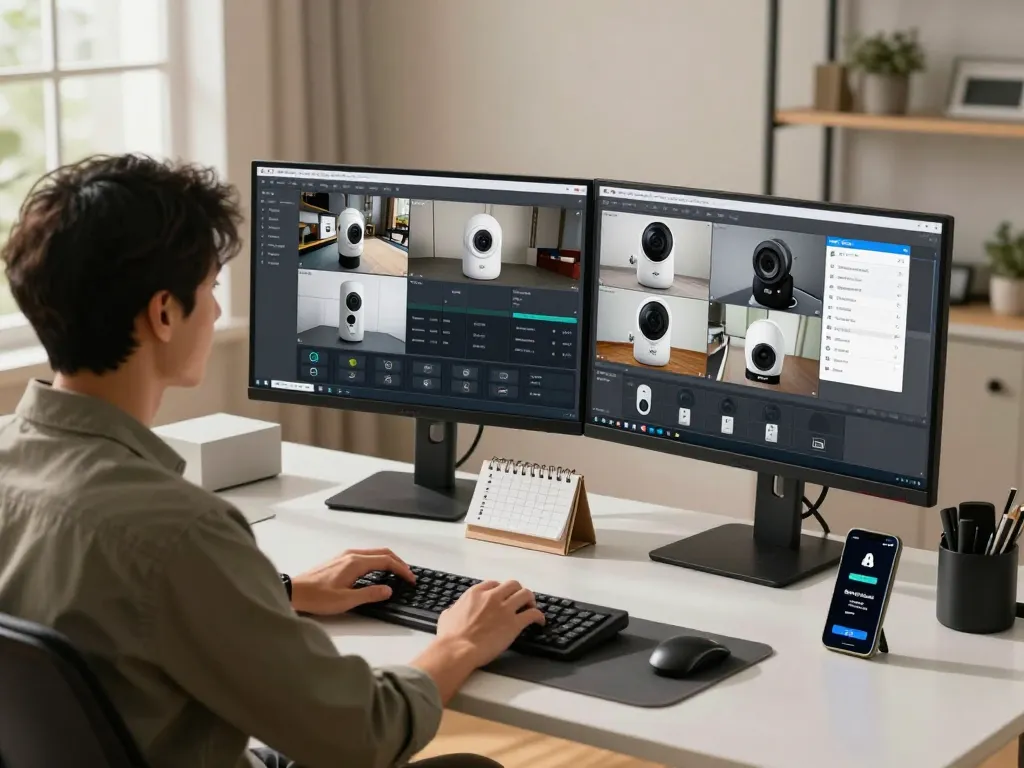 Verwaltung mehrerer Kameras an einer Synology Überwachungsstation in einem modernen Homeoffice mit Dual-Monitoren und Smartphone-Benachrichtigungen.