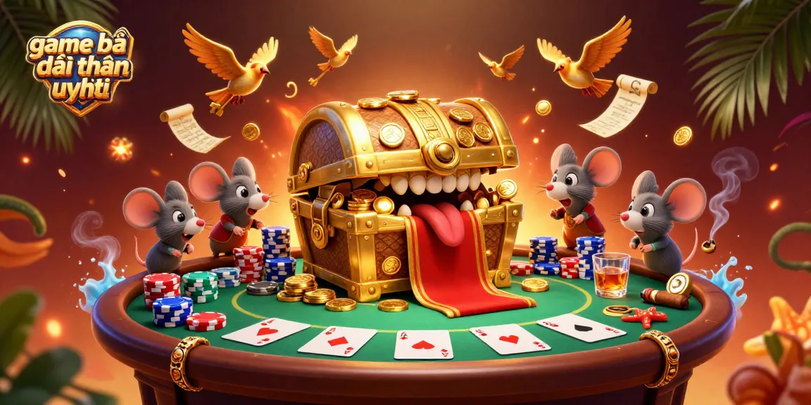 Experience the excitement of game bài đổi thưởng uy tín in this vibrant casino scene with poker elements and treasure motifs.