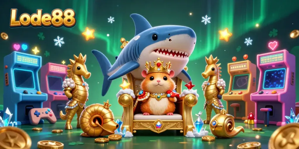 Experience Lode88's vibrant 3D casino world with a golden hamster king on a shark throne.