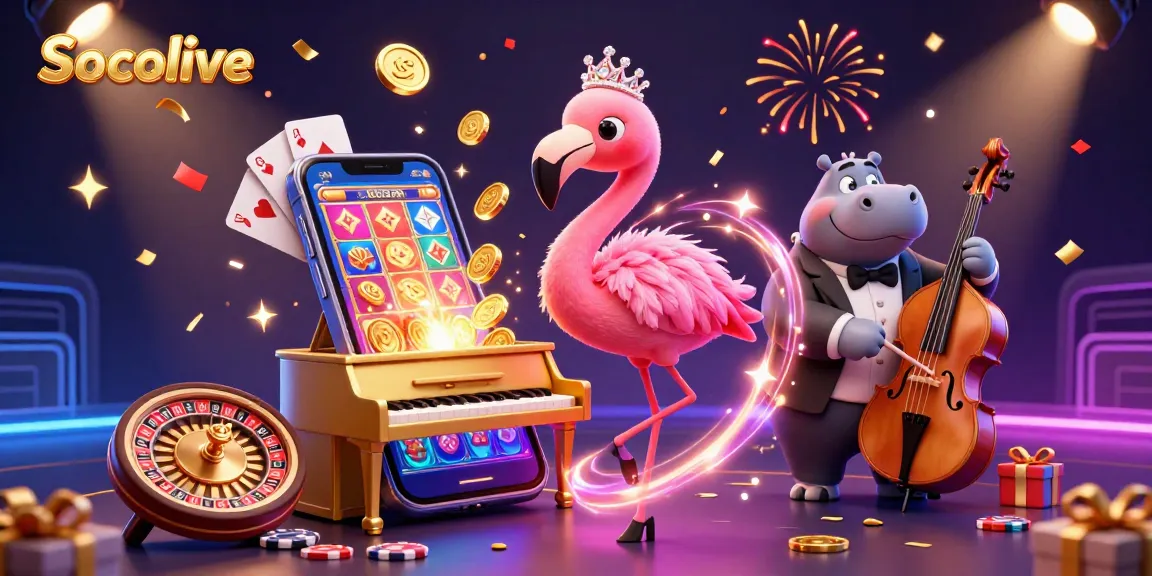 Socolive launches vibrant casino scene with flamingo singer and hippo bassist surrounded by gaming elements.