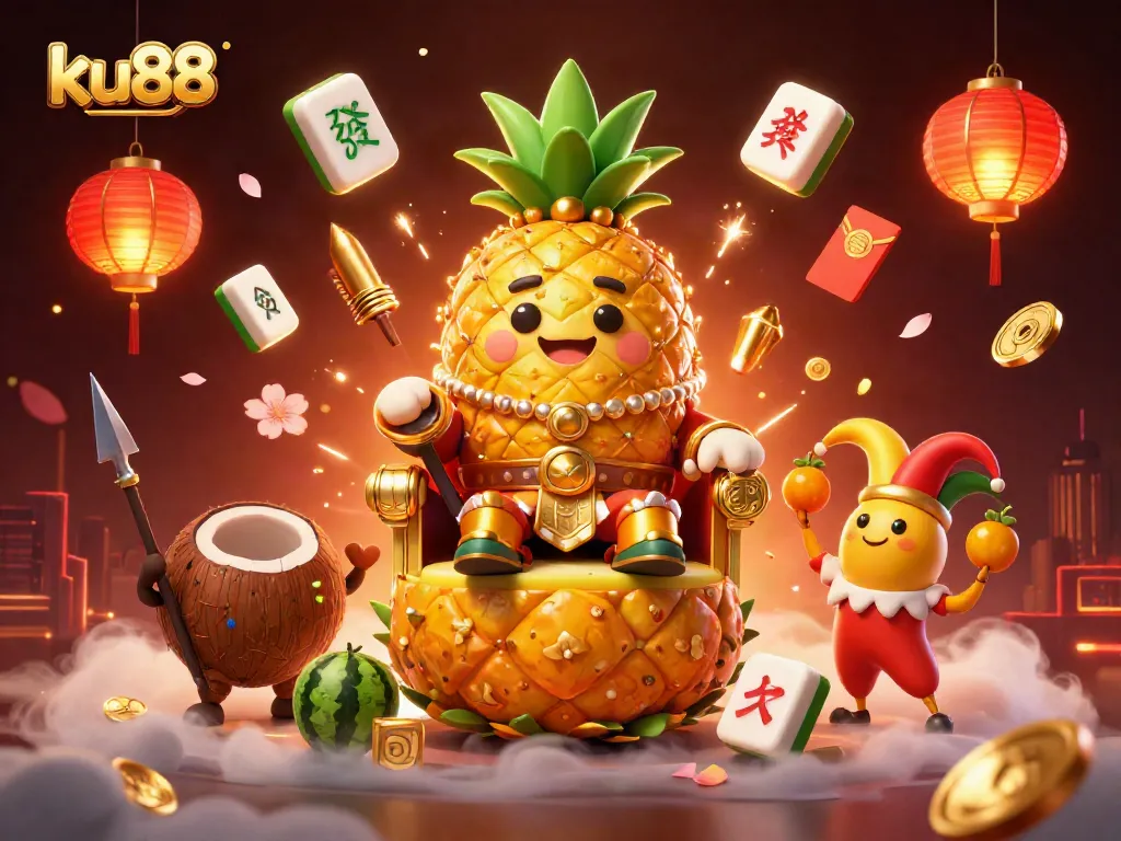 ku88 showcases a vibrant casino scene featuring a golden pineapple king on his throne surrounded by engaging game elements.