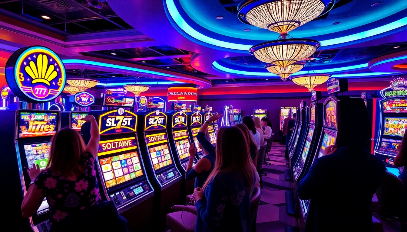 Slot777 players celebrating wins at vibrant casino slots in a luxurious setting.