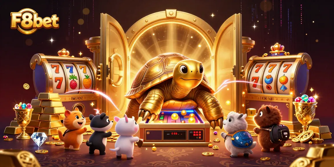 Engage with the lively world of F8bet through a vibrant casino illustration filled with exciting gaming elements.
