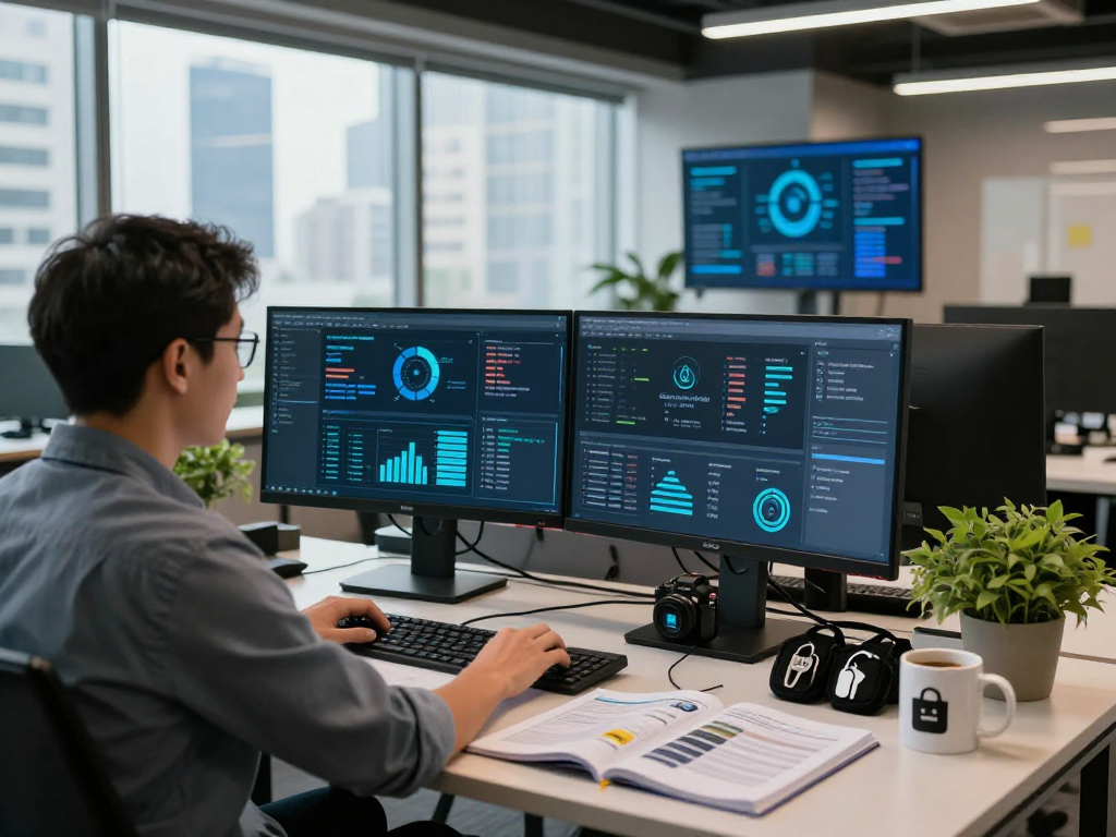 Daten- und IT-Sicherheit Dienstleistung in einem modernen Büro mit IT-Experte, der Sicherheitssoftware analysiert.