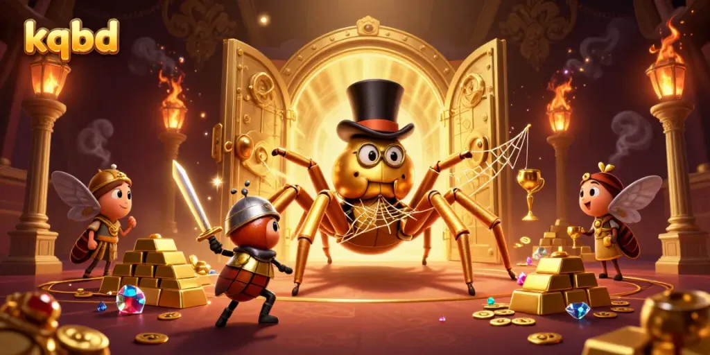 Experience kqbd thrilling moments with vibrant 3D casino illustration of a tarantula and knight.