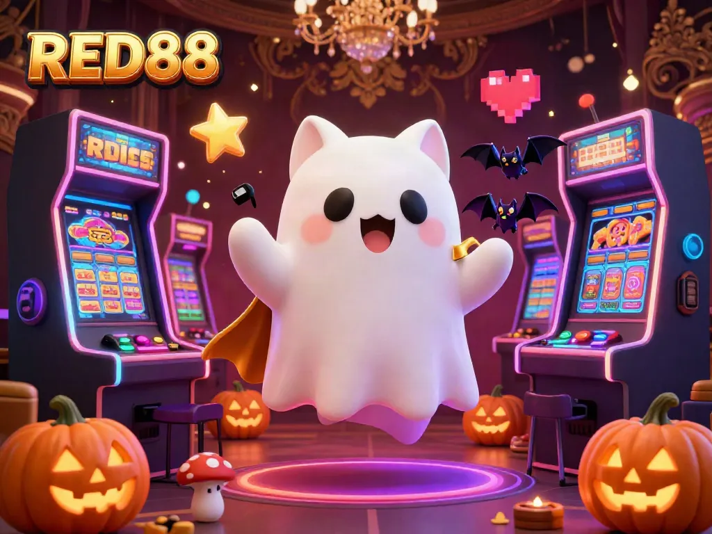 Experience the fun at RED88 with our colorful casino illustration featuring ghostly characters and gaming elements.